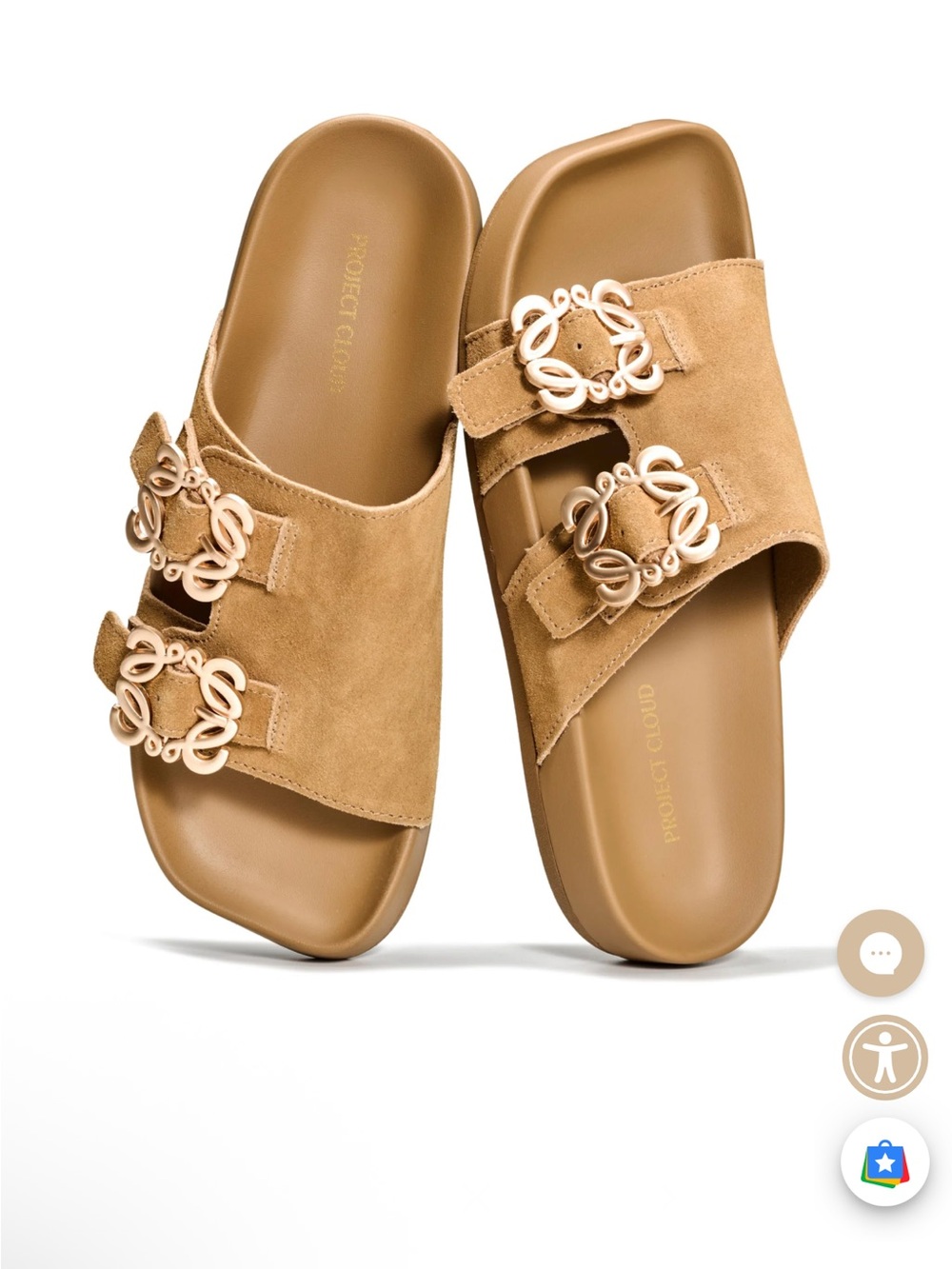 Suede Double-Buckle Slide Sandals in Tan
